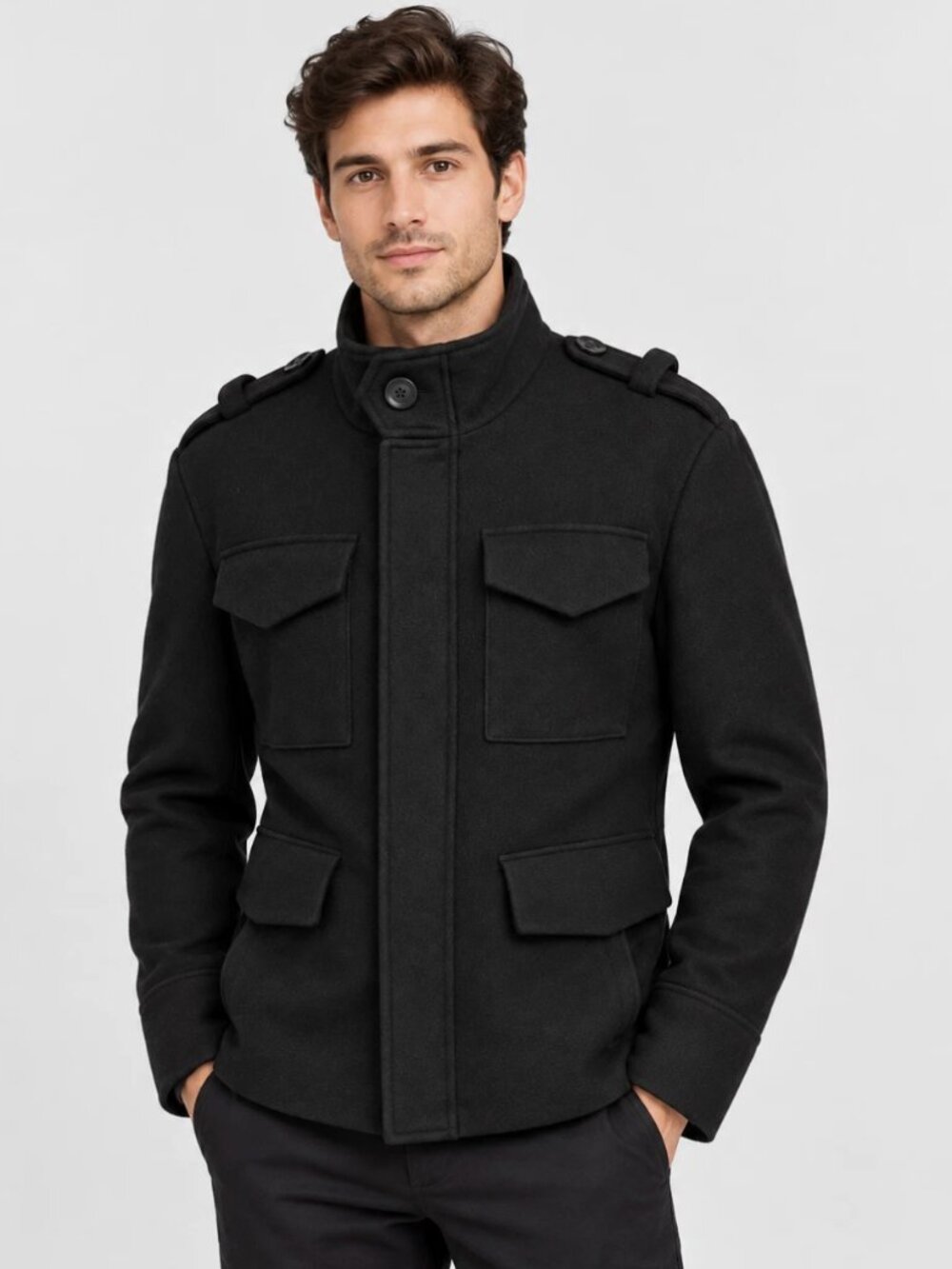 Zara Man Black Military Field Jacket Size L 42 4 Pocket Epaulet Co